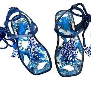 Farm Rio Blue Beaded Flat Lace Up Sandals White Vacation Size 6 NEW WITHOUT BOX